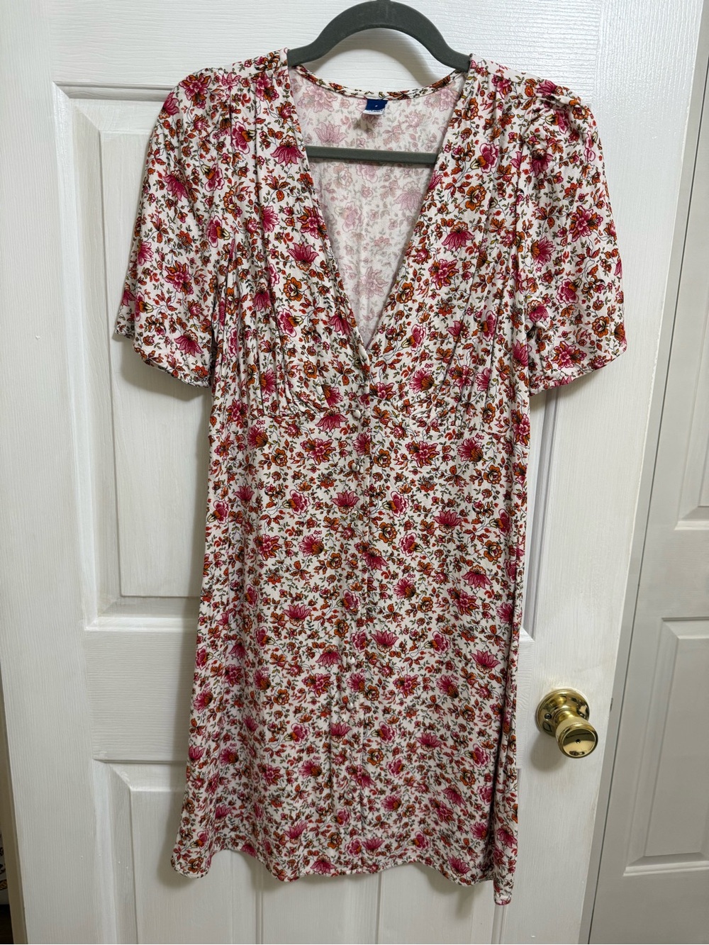 Old Navy White Dress with Pink and Brown Floral Print